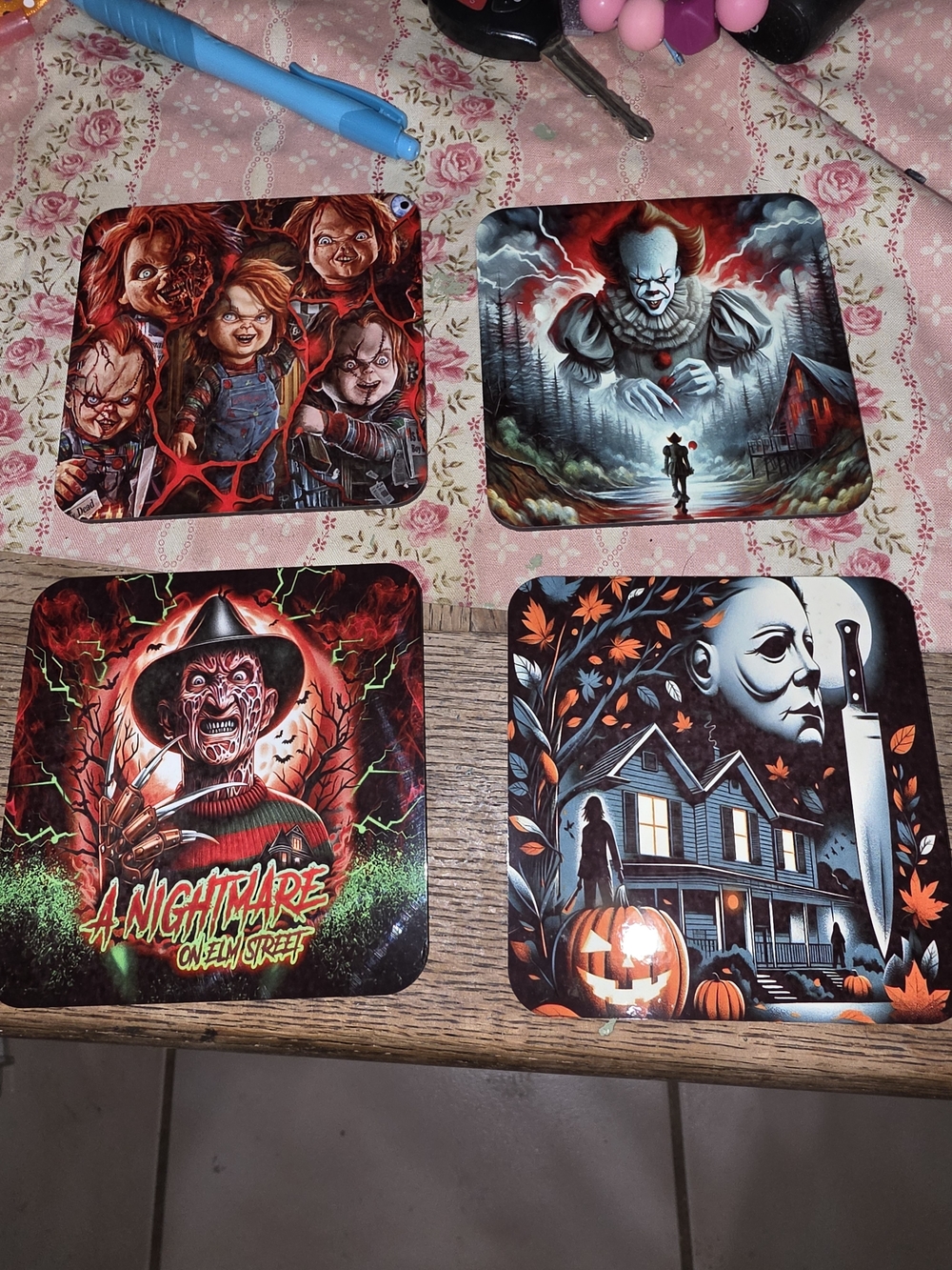 Horror Movie Coaster Set - Assorted Halloween Designs in Black/Red/Gray